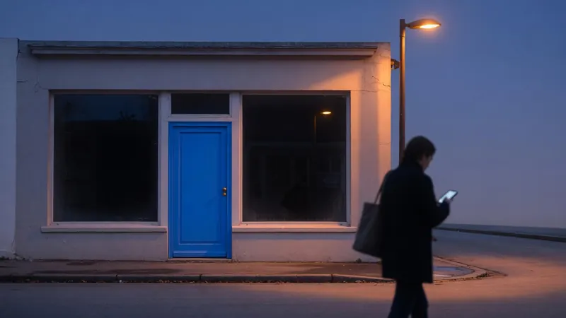 A small storefront with a blue door at dusk, lights off inside, a pedestrian walking past with a phone