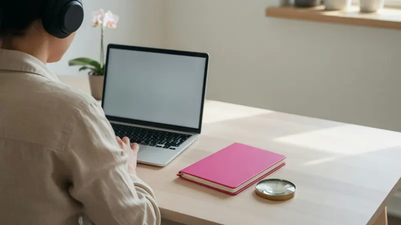 A person wearing headphones working at a laptop on a bright desk with a pink notebook and a magnifying glass