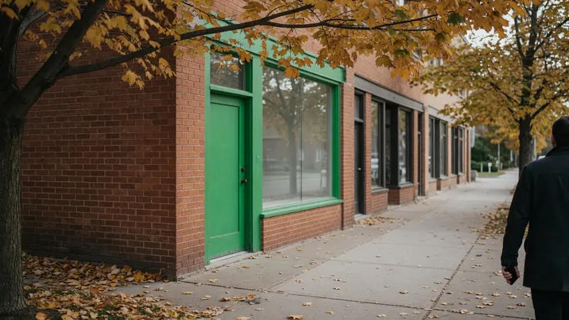 A small red brick storefront with a green door on a tree lined street, a person walking past with a phone