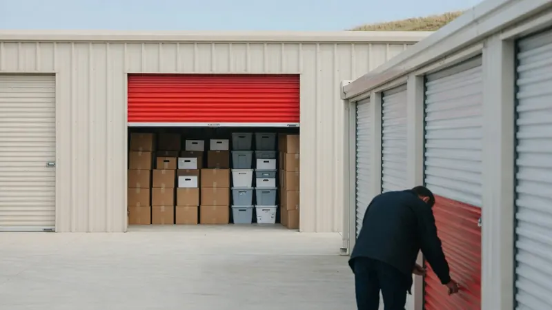 A row of self storage units, one red roll up door half open with boxes of stock inside