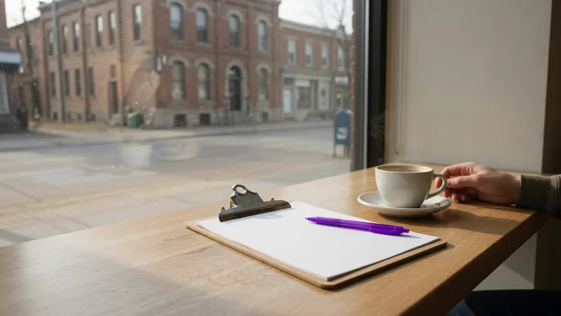 A clipboard with a blank sheet and a violet pen on a cafe table by a window onto a brick downtown street