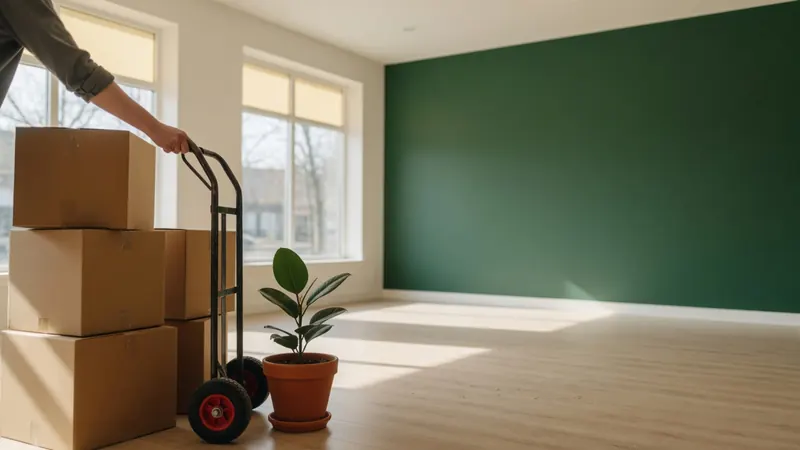 Moving boxes, a hand truck and a potted plant in an empty bright shop with a forest green wall