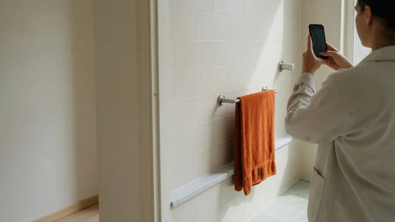A tradesperson photographing a freshly tiled bathroom with a phone, an orange towel on the rail