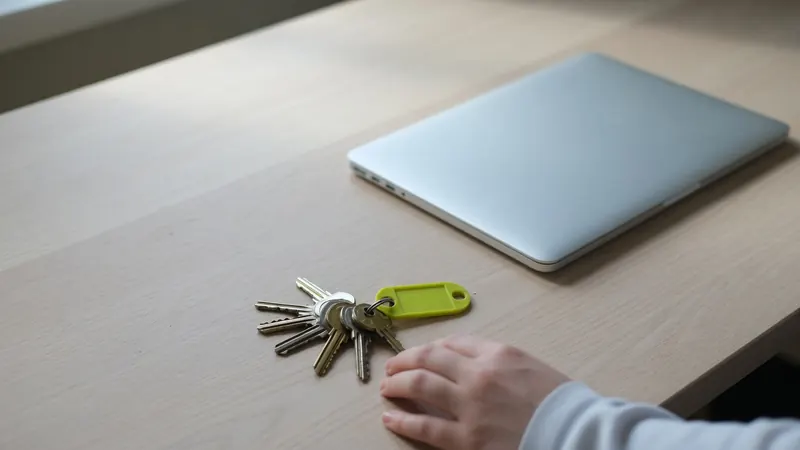 A ring of keys with a chartreuse tag on a pale wooden desk beside a closed laptop