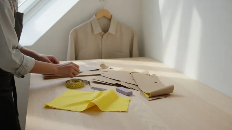 A tailor's workbench with a yellow fabric swatch, measuring tape and paper pattern pieces