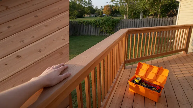 A hand resting on the railing of a newly built cedar deck, an orange toolbox on the boards