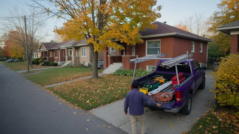 A purple pickup truck with a ladder rack in the driveway of a brick bungalow, a worker reaching into the bed