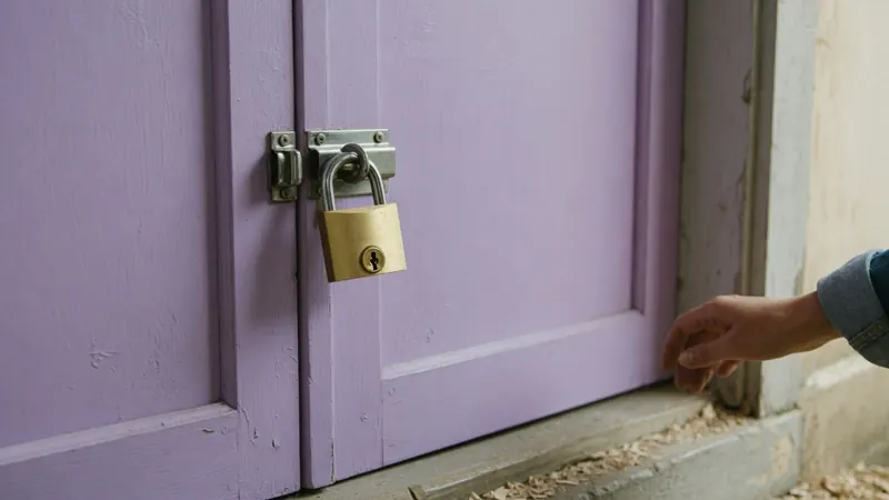 A brass padlock on the lavender painted wooden door of a small workshop
