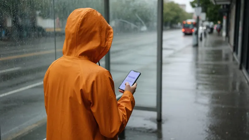 A person in a tangerine raincoat at a bus shelter glancing down at a phone in the rain