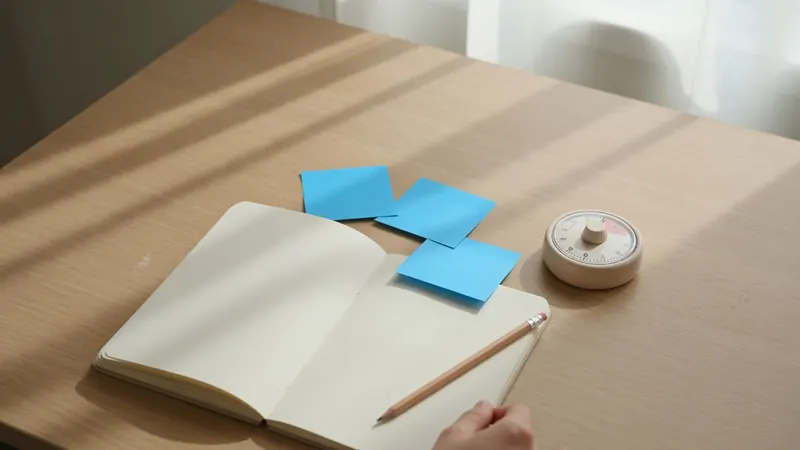 An open blank notebook, blue sticky notes, a pencil and a small kitchen timer on a wooden desk