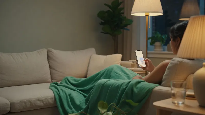 A person on a sofa in the evening looking at a phone, a green throw blanket over the cushions