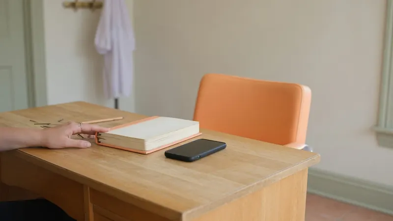 A salon front desk with a closed appointment book and a phone, an apricot chair behind