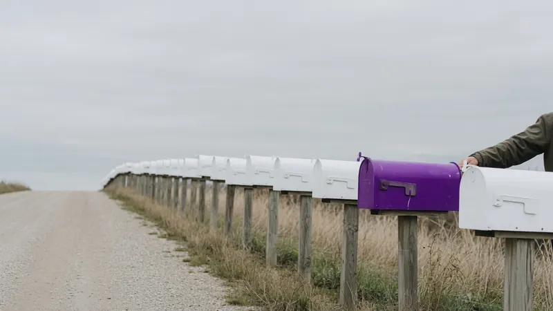A row of identical white rural mailboxes along a gravel road, one painted purple